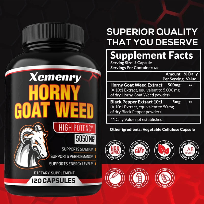 Men's Horny Goat Weed Capsules 5050 mg Formula Contains Black Pepper Extract